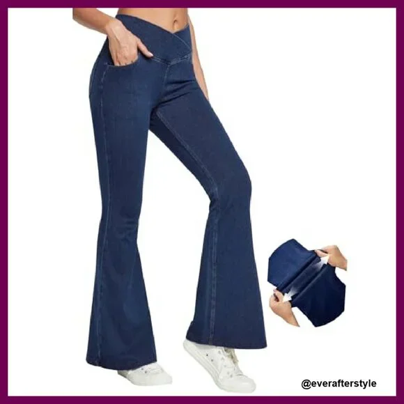 High Waisted Bell Bottom Jeans Stretchy Flare Wide Leg Pull On Pants